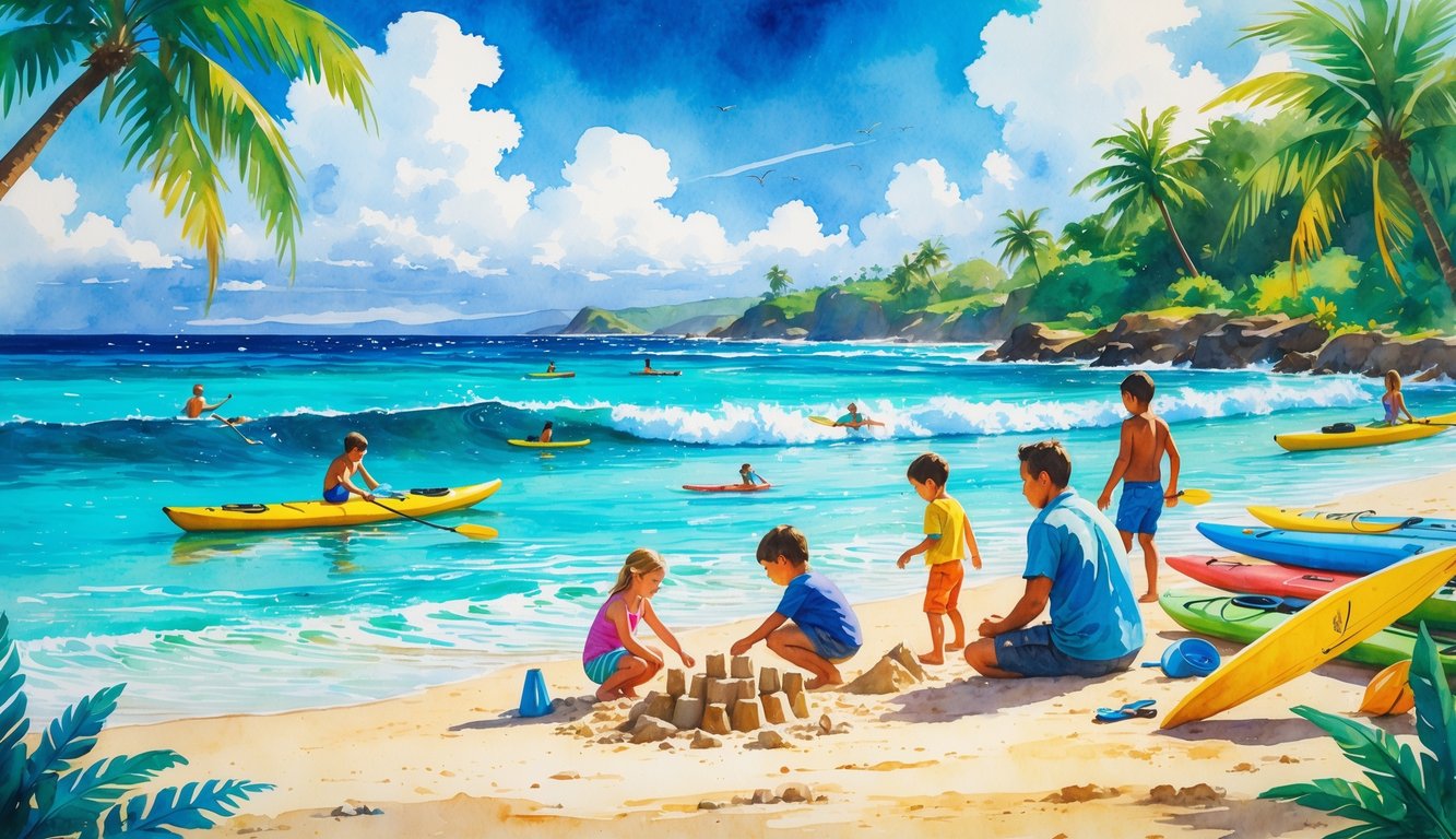 A family enjoying a sunny beach with children building sandcastles, colorful kayaks on the shore, people snorkeling and surfing in clear blue water, and palm trees in the background.