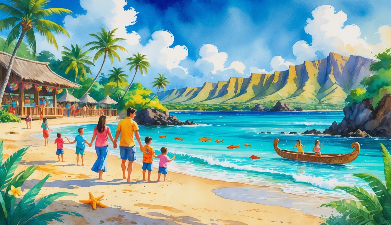 A family enjoying a Hawaiian beach with palm trees, dancers in traditional costumes, children playing in the sand, and mountains in the background.