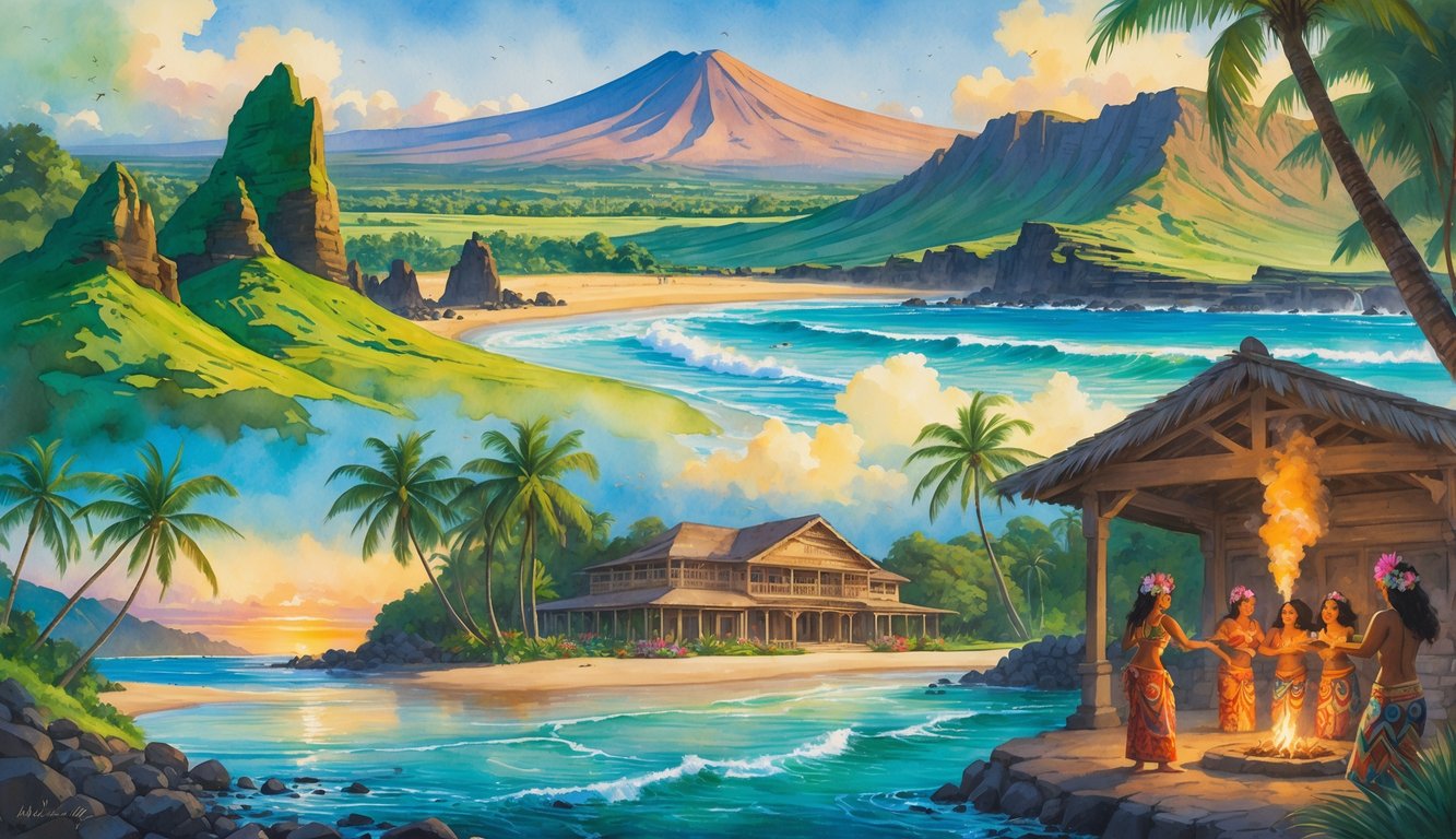 A colorful scene showing Maui’s lush valley, historic stone walls, hula dancers near a beach at sunset, a volcano in the background, traditional buildings, and people enjoying a luau feast.