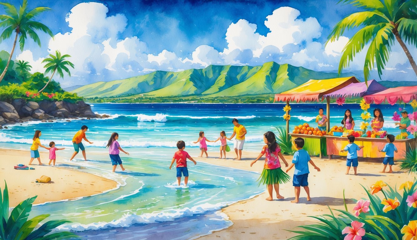 Families enjoying a beach with children playing in the waves, people dancing in traditional Hawaiian attire near palm trees and mountains, with a market stall selling tropical fruits and crafts.