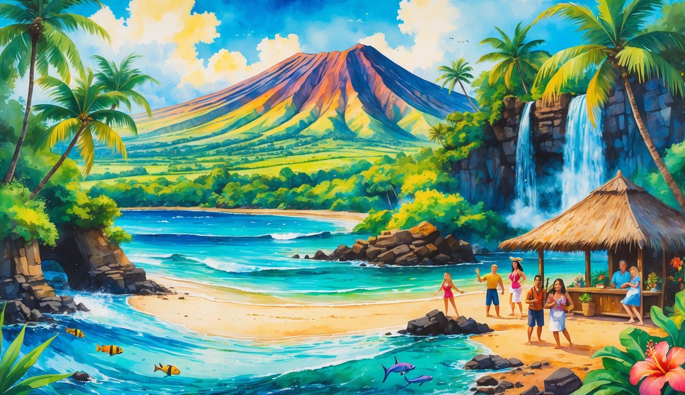 A colorful scene showing Maui's natural landscapes, including a volcano, tropical forest, beach with families snorkeling, waterfalls, and people enjoying a Hawaiian luau.