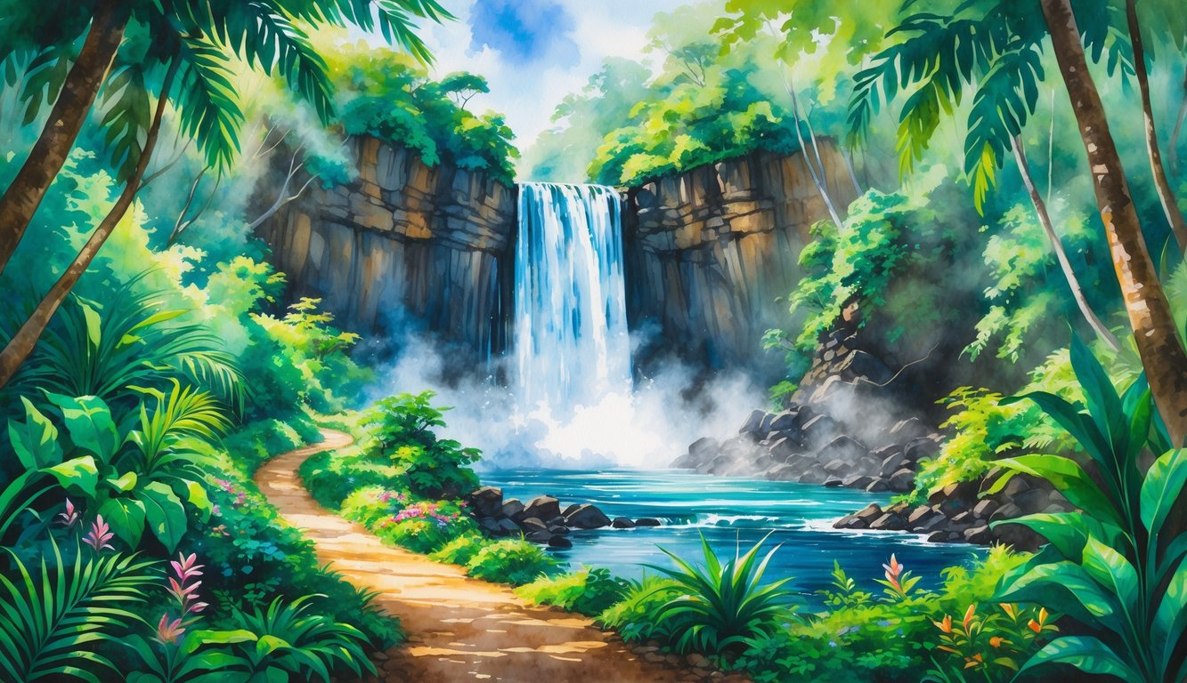 A waterfall cascading down rocky cliffs surrounded by dense green tropical plants and a winding trail through the forest.