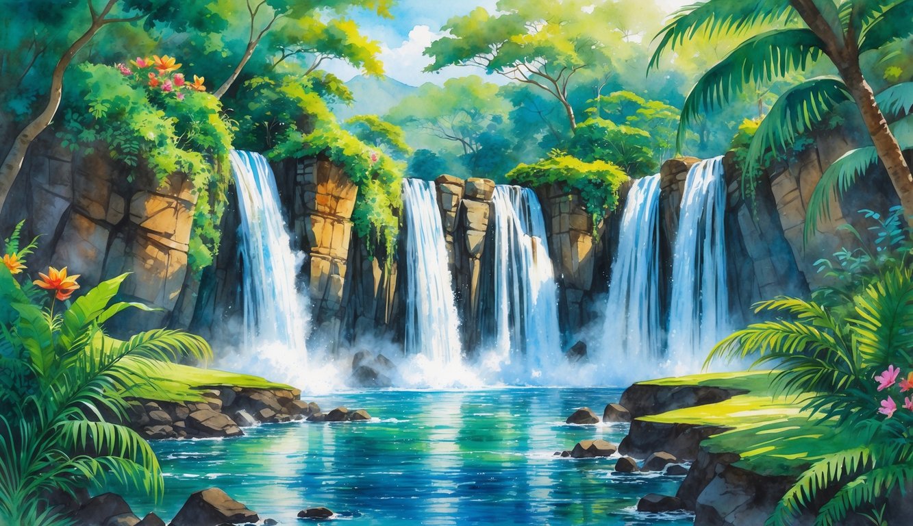 A peaceful scene of waterfalls cascading through a tropical forest with a winding road nearby.