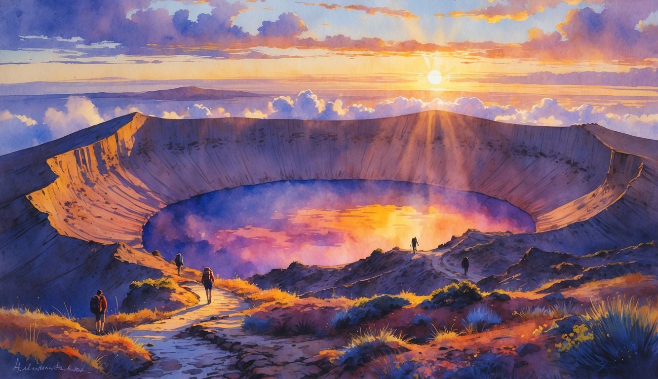 Sunrise over a volcanic crater with hikers on a winding trail surrounded by rocky terrain and sparse vegetation.