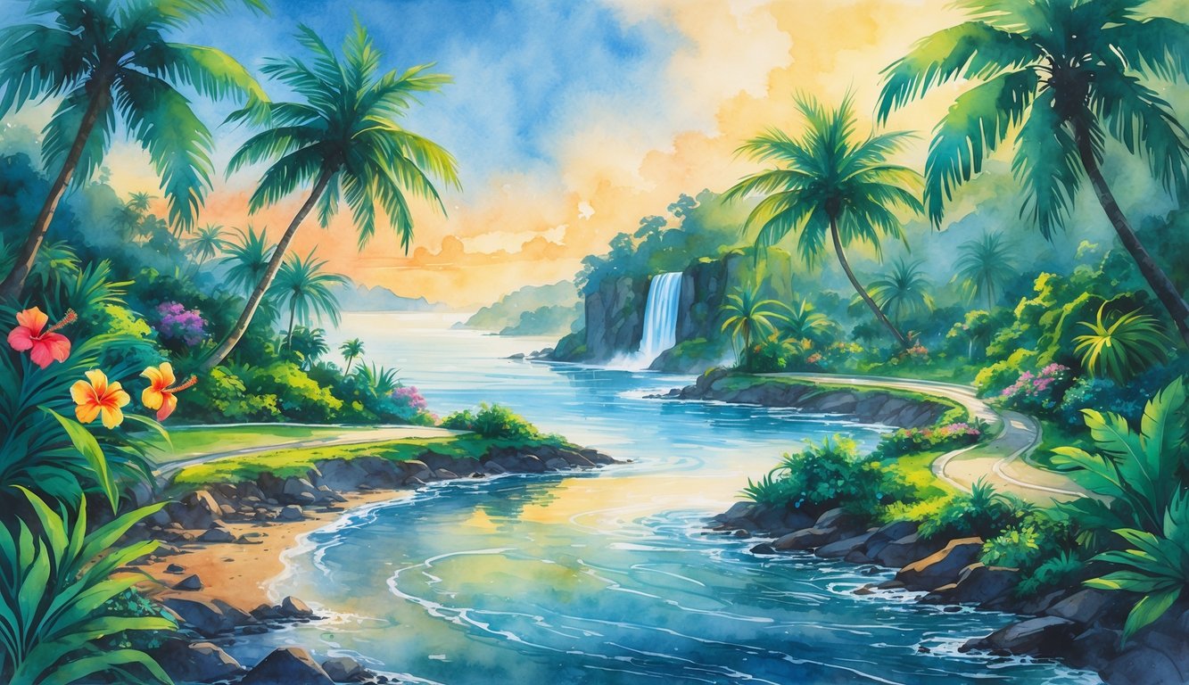 A winding coastal road surrounded by dense tropical vegetation, palm trees, waterfalls, and a calm ocean under a colorful sky.