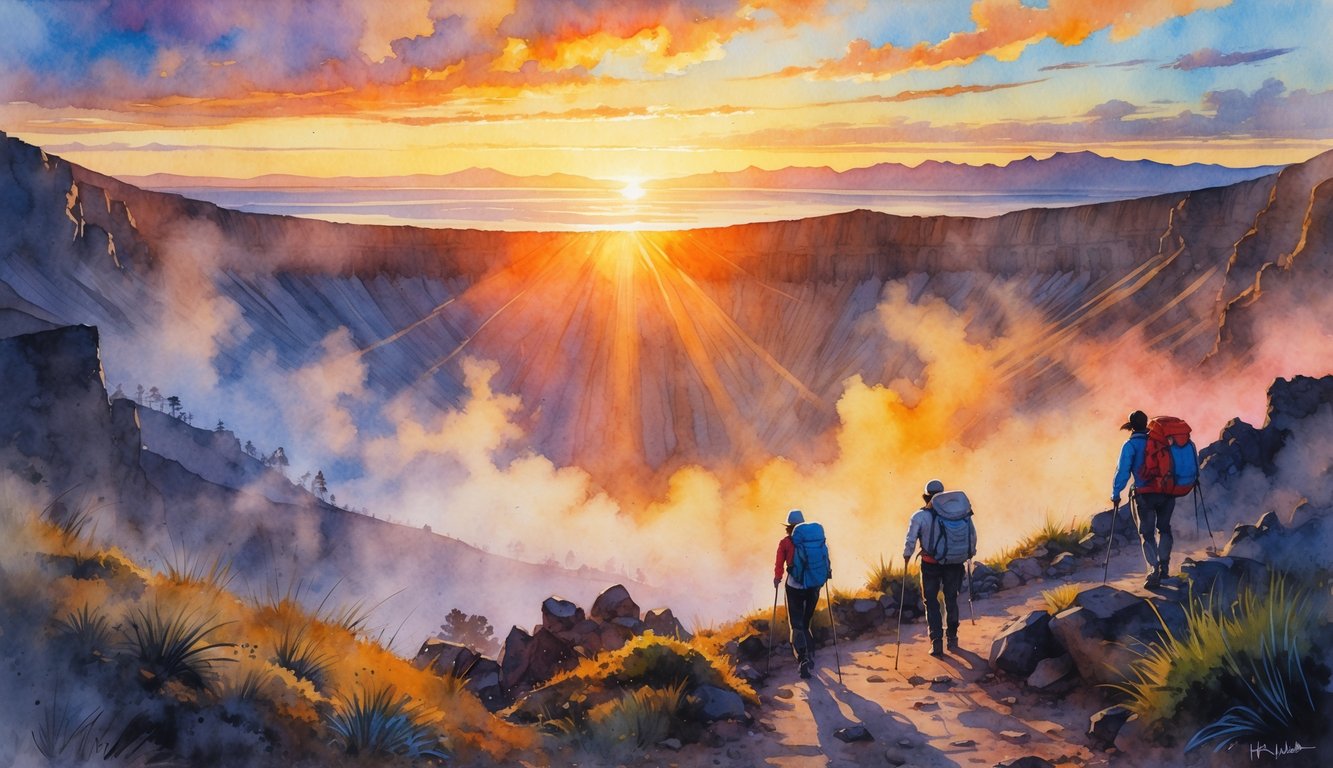 Sunrise over a volcanic crater with hikers walking along a trail surrounded by rocky terrain and sparse vegetation.