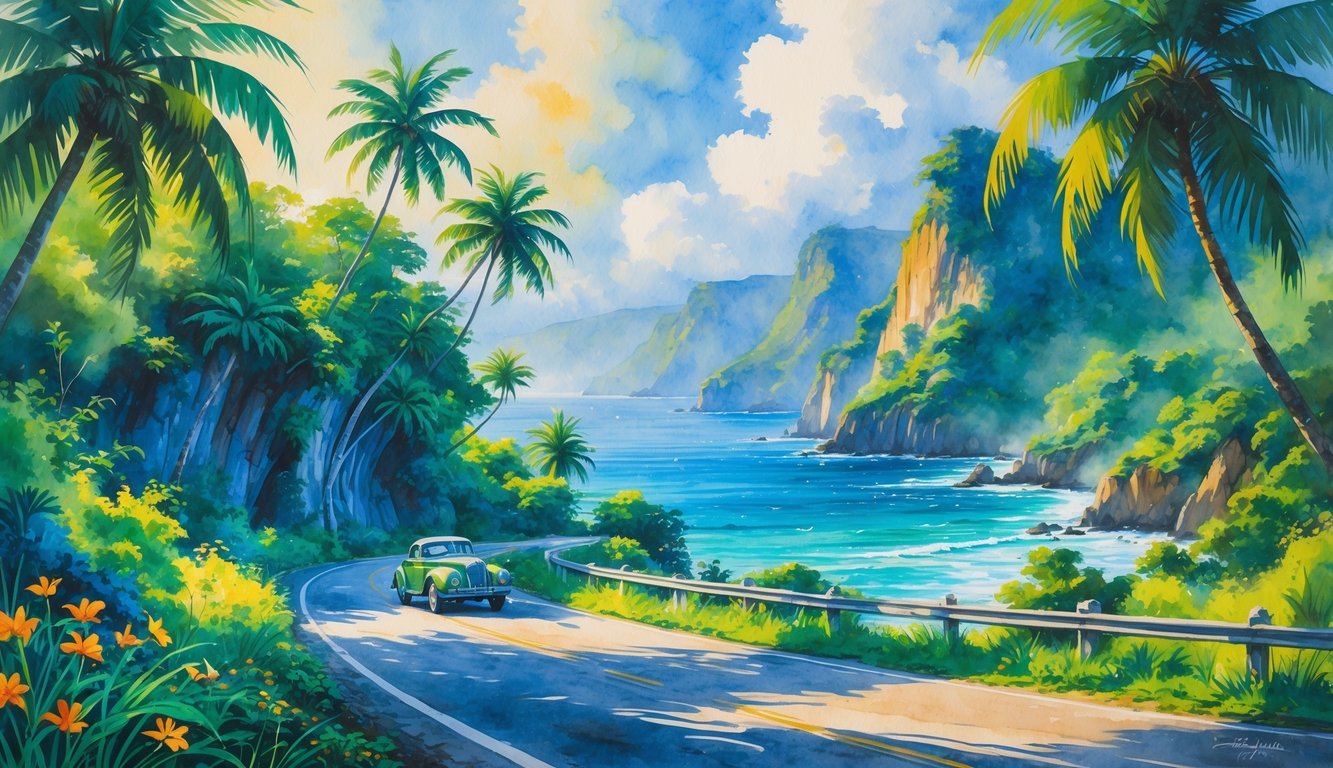 A coastal road winding through tropical rainforest with palm trees, cliffs, ocean, wildflowers, and mountains in the background.