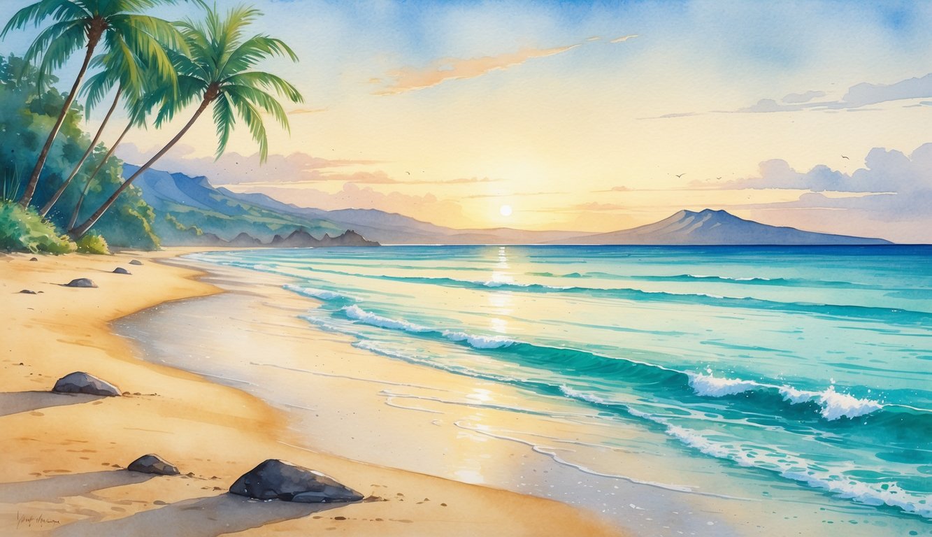 A peaceful beach scene with golden sand, clear turquoise water, palm trees, and distant mountains under a warm sky.
