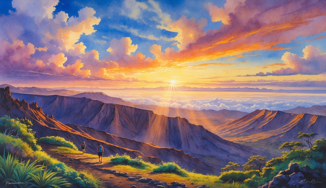 A volcanic landscape with sunrise and sunset skies, hiking trails, native plants, and distant hikers in Haleakalā National Park.