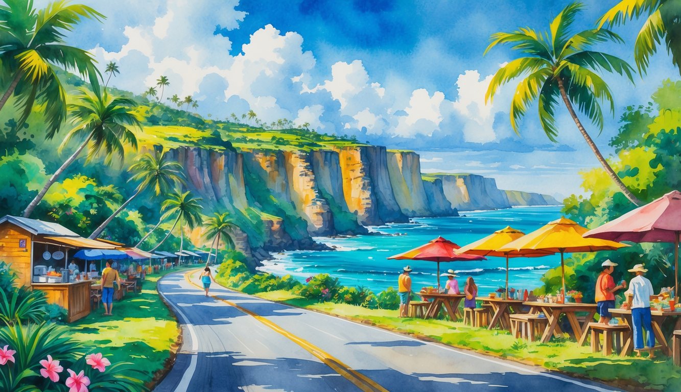 A scenic coastal road surrounded by tropical plants, palm trees, local food stands, and travelers enjoying the view near cliffs and ocean.