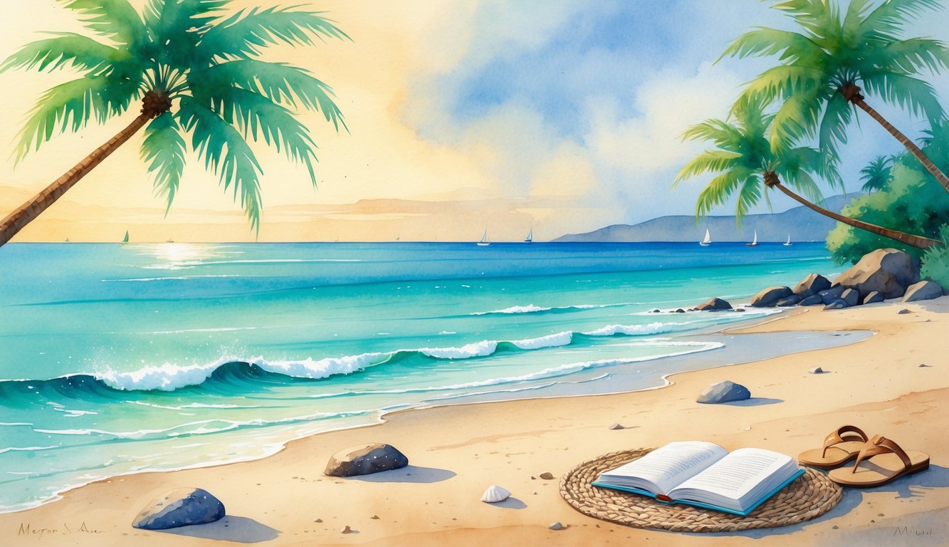 A peaceful beach scene with calm ocean waves, palm trees, a sandy shore, and a cozy beach setup including a mat, book, and sandals.