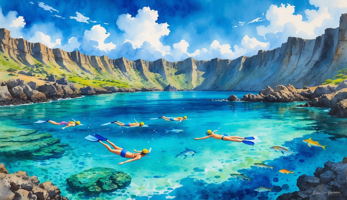 People snorkeling in clear blue water above colorful coral reefs and tropical fish, with a crescent-shaped volcanic crater in the background under a bright sky.