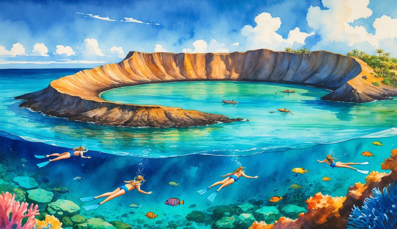 A crescent-shaped volcanic islet surrounded by clear ocean water with snorkelers floating above a vibrant coral reef filled with tropical fish and sea turtles.