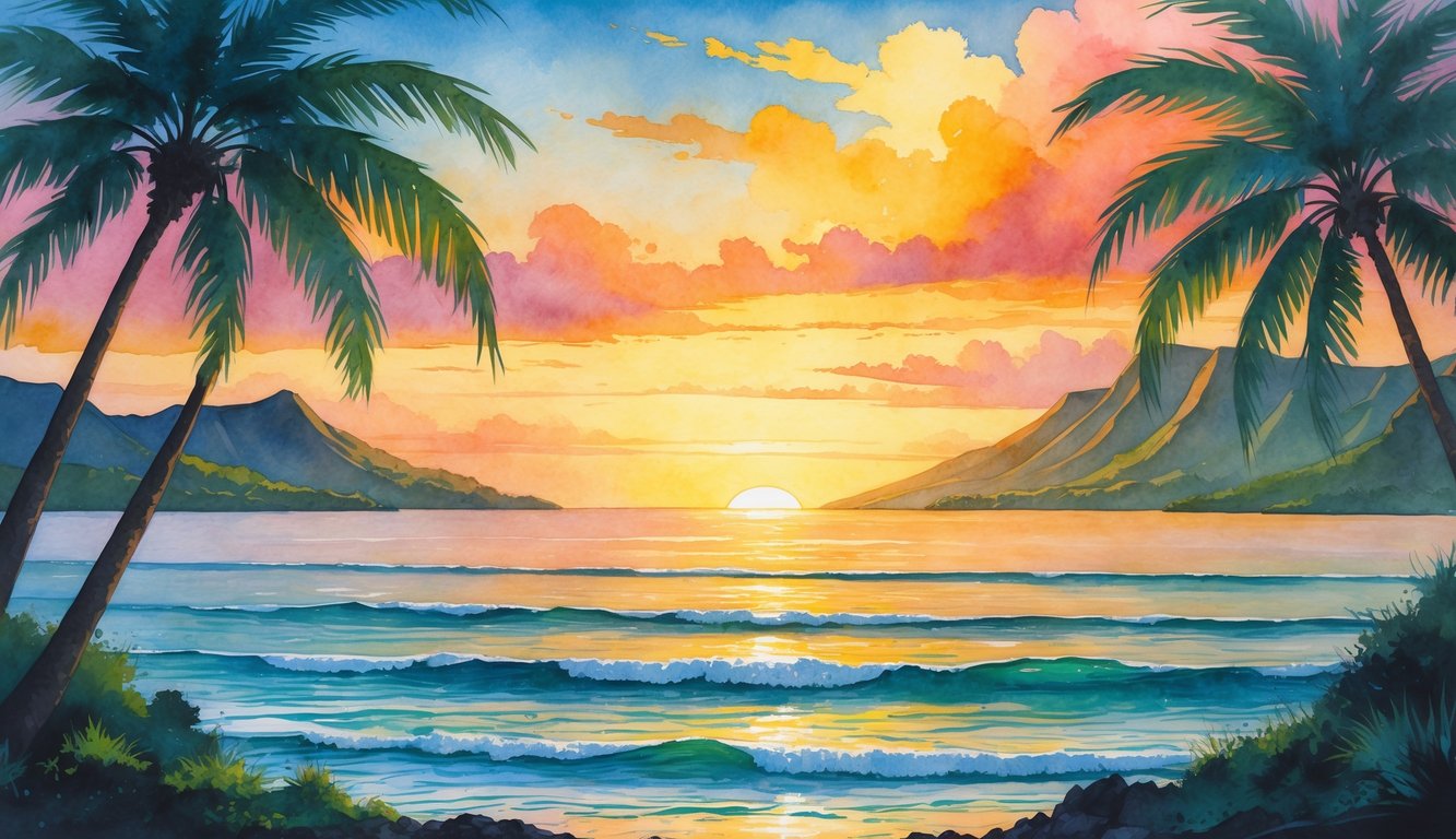 A coastal scene showing a sunset over the ocean with palm trees and distant hills.