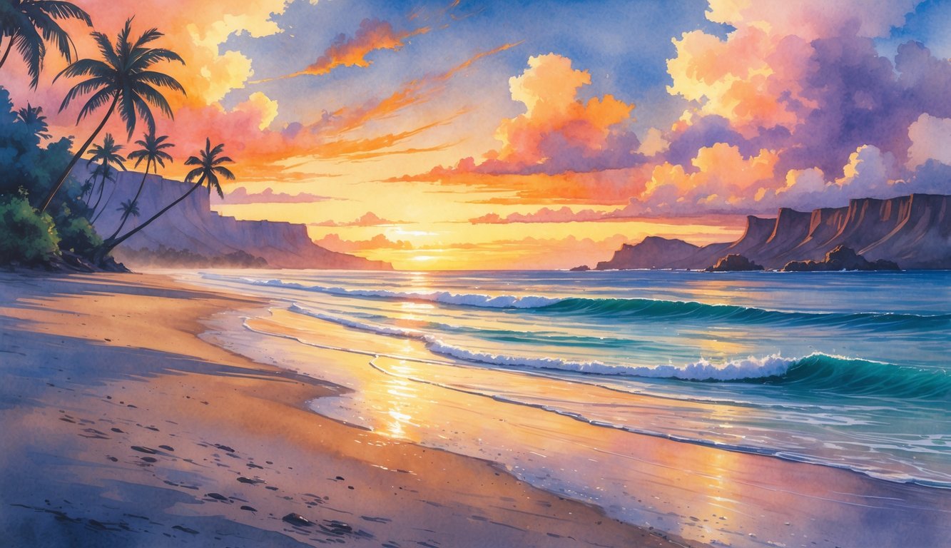 A peaceful beach scene at sunset with palm trees, calm ocean waves, and colorful sky over distant cliffs.