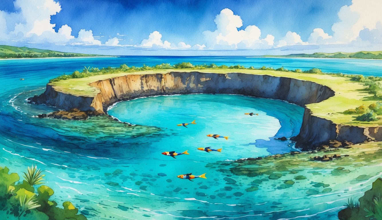 A peaceful ocean scene showing a crescent-shaped volcanic islet surrounded by clear blue water with snorkelers exploring underwater coral reefs and fish.