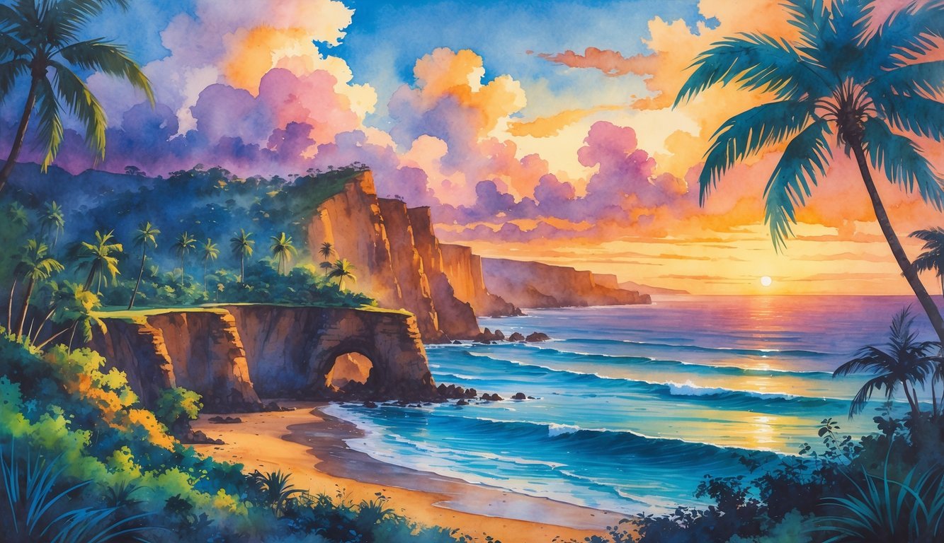 A hillside overlooking the ocean with cliffs, palm trees, and a colorful sunset sky with clouds.