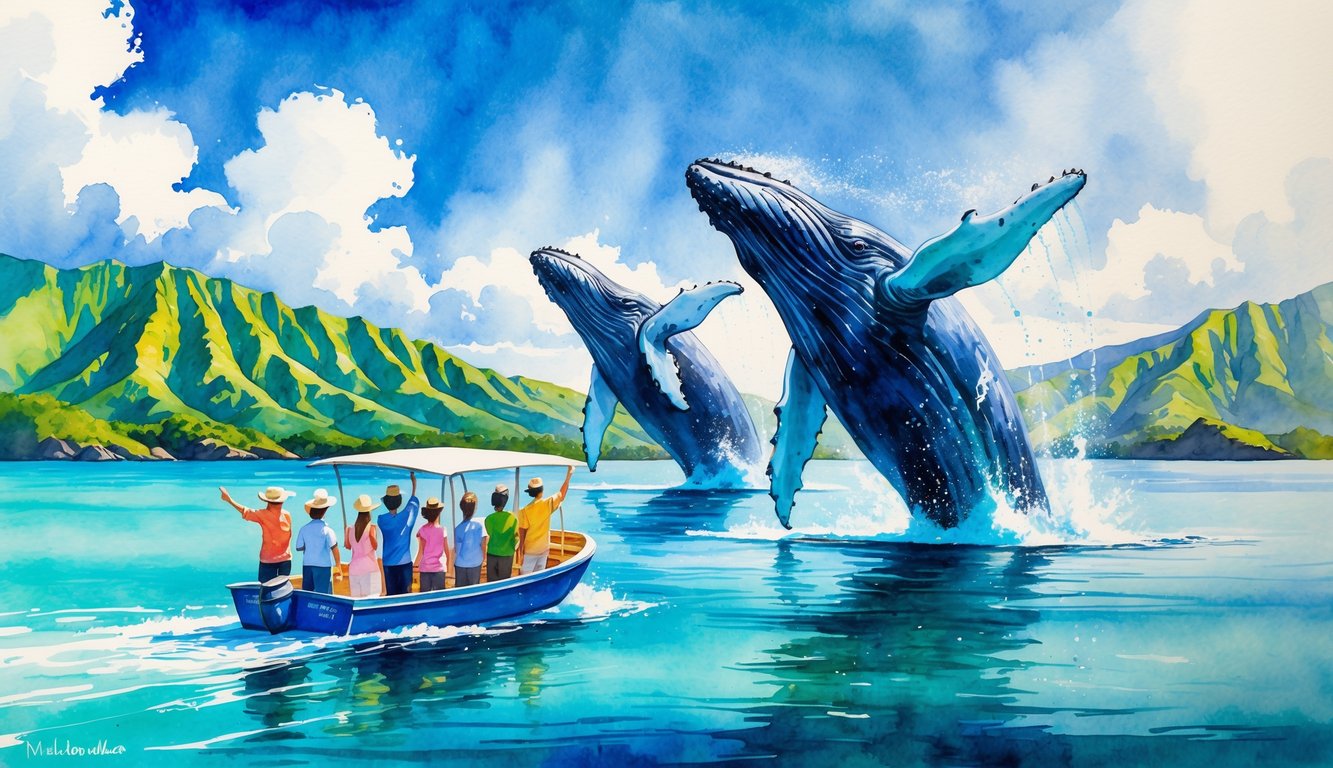 A boat with people watching humpback whales breaching near the coast with green mountains and blue sky in the background.