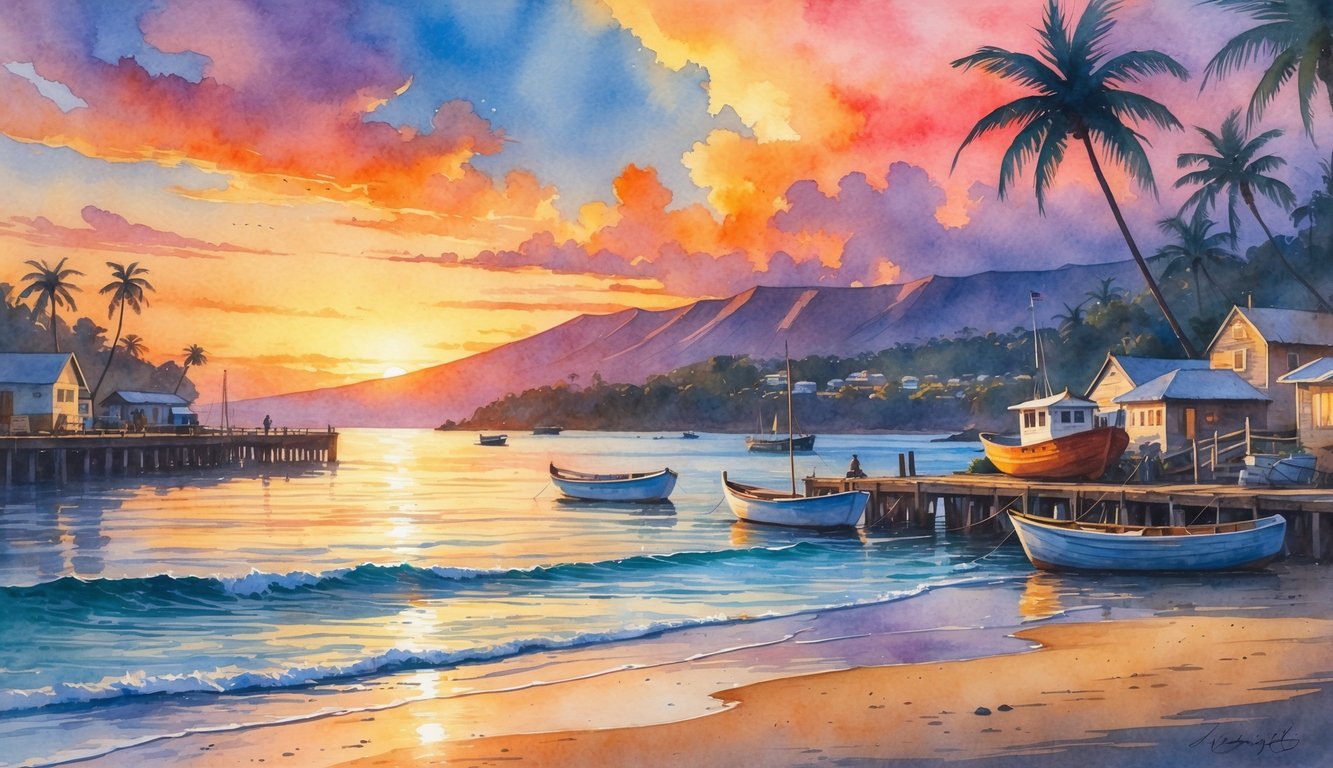 A peaceful coastal scene at sunset with boats in a harbor, palm trees, sandy beaches, and hills in the background.