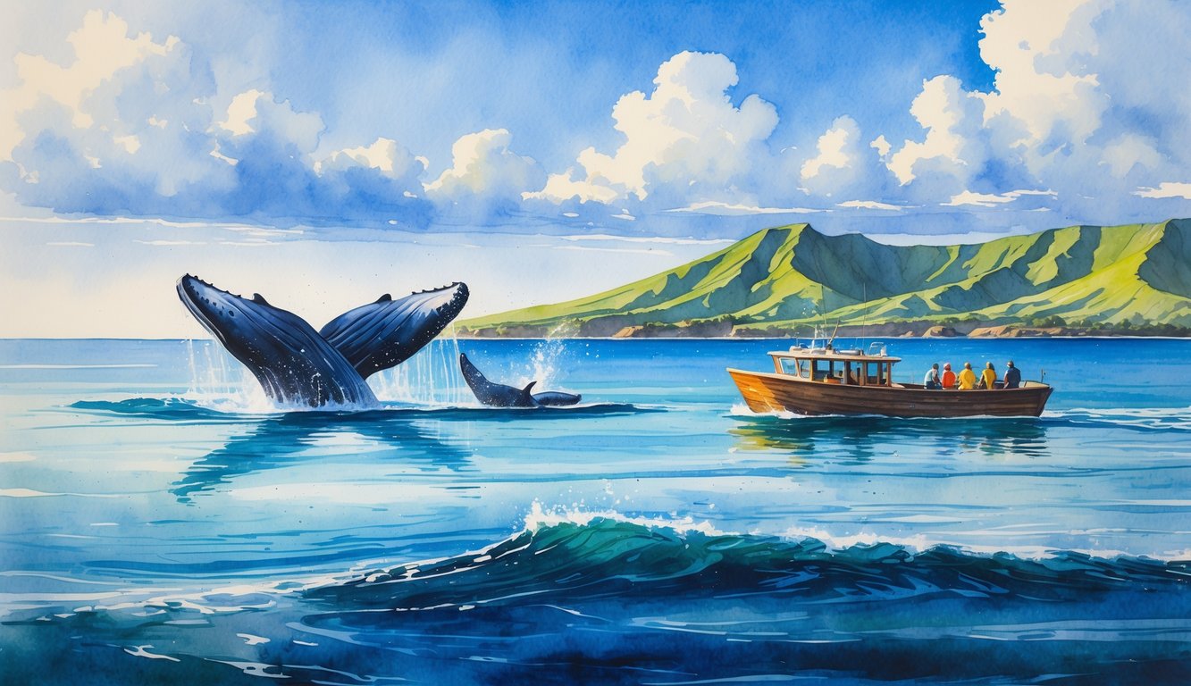 Ocean scene with humpback whales breaching near a small boat and green mountains in the background.