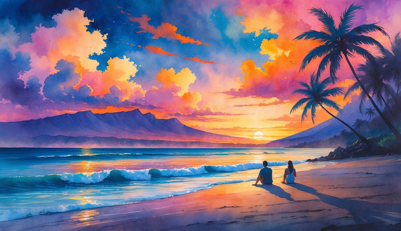 A beach at sunset with palm trees, colorful sky, mountains in the distance, and people watching the sun setting over the ocean.