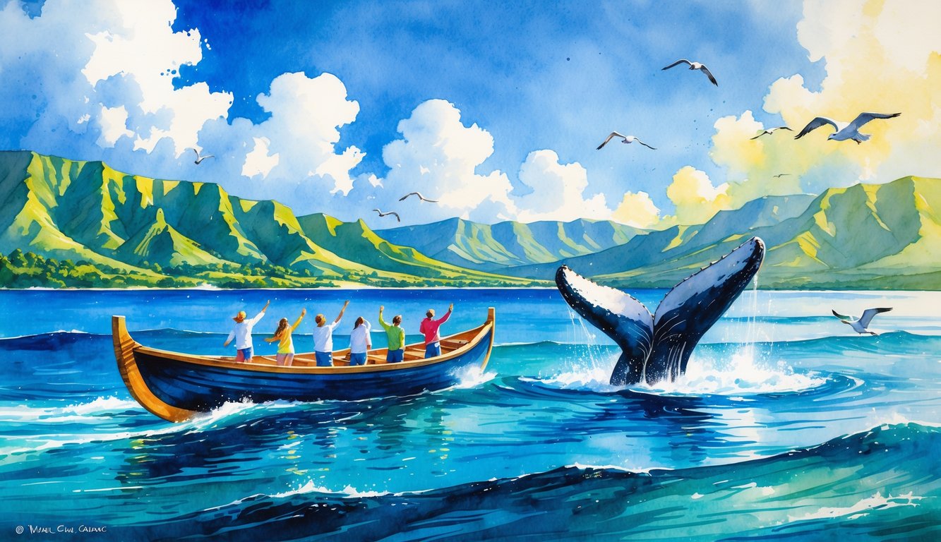 People on a canoe watching humpback whales breaching near the coast of Maui with mountains and sky in the background.