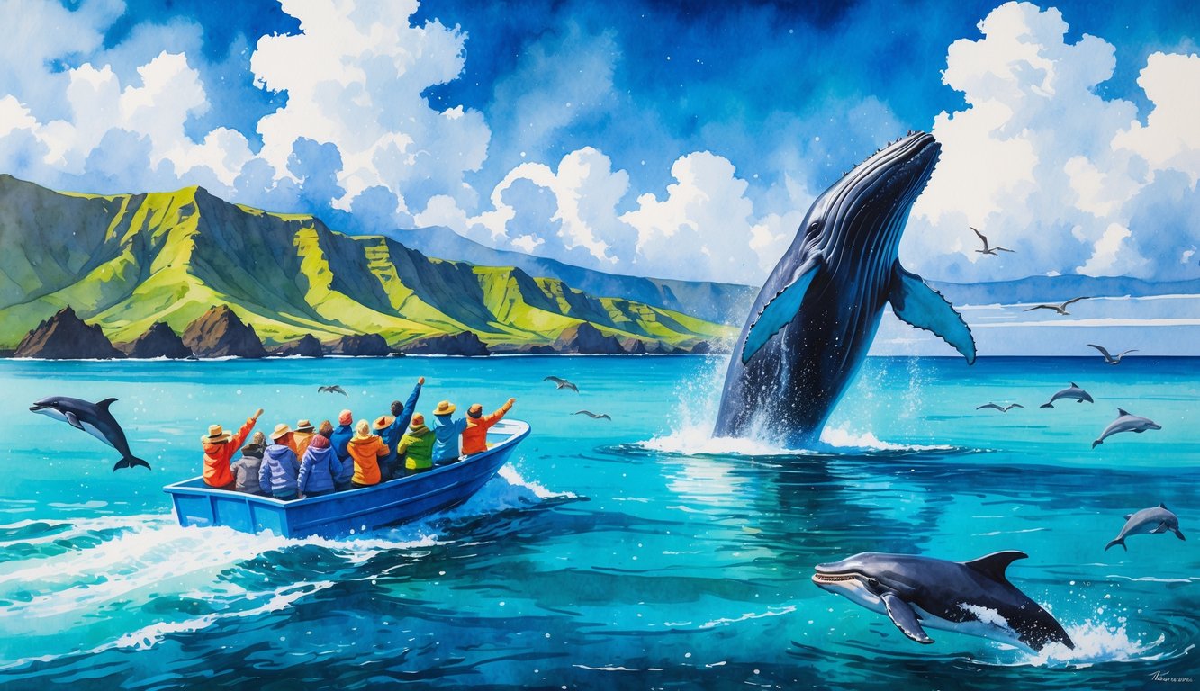 A tour boat on the ocean near Maui with passengers watching a humpback whale breaching, surrounded by dolphins and seabirds, with a green coastline and blue sky in the background.