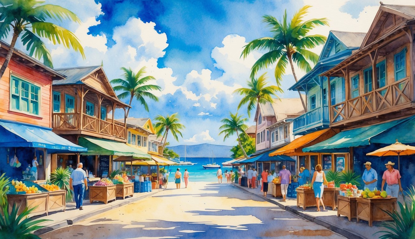 A coastal town with colorful buildings, palm trees, people walking along the street, market stalls, and the ocean in the background.