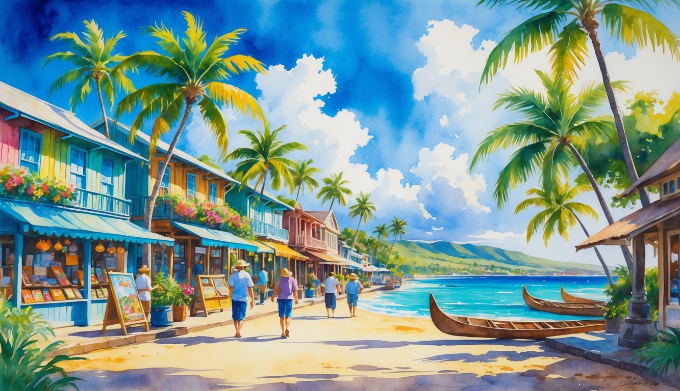 A coastal street in Lahaina with colorful buildings, palm trees, people walking, and the ocean in the background.
