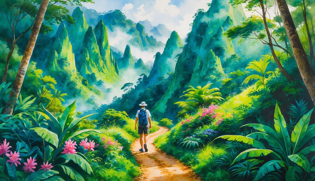 A hiker walking on a trail surrounded by lush green mountains and tropical plants in a valley.