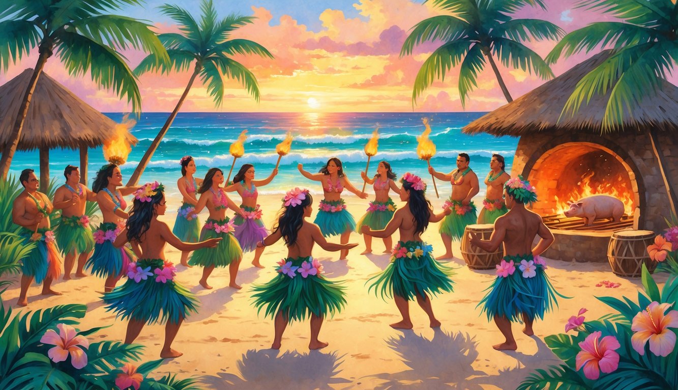 People celebrating a Hawaiian luau on a beach with dancers, palm trees, tiki torches, and the ocean at sunset.