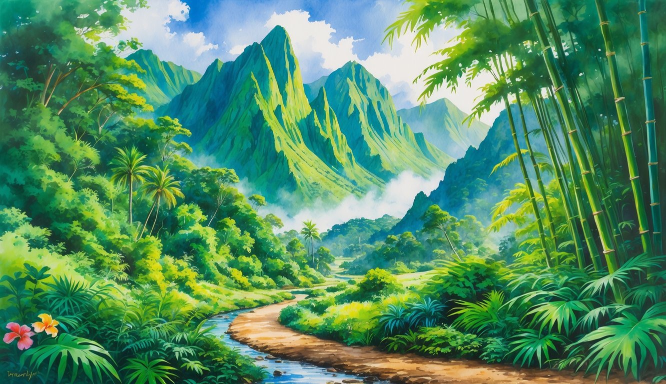 A lush green valley with tall mountains, dense tropical plants, a winding trail, and a flowing stream.