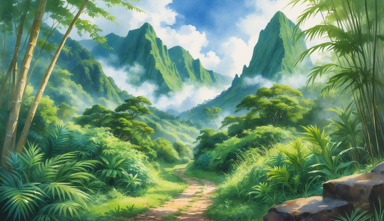 A lush green valley with a narrow hiking trail, tall mountains covered in mist, and the sharp peak of Iao Needle rising in the background.