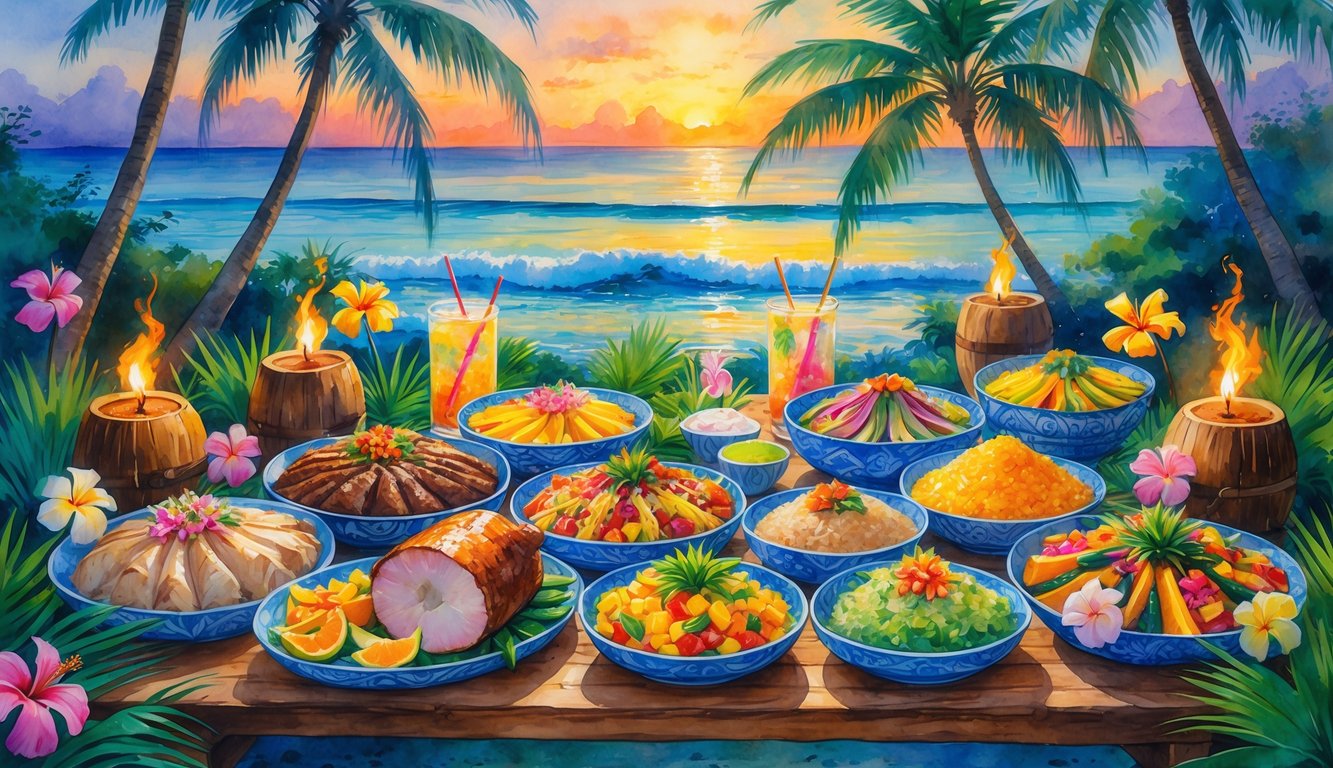 A tropical outdoor feast with a table full of traditional Hawaiian food and drinks surrounded by palm trees and flowers at sunset.