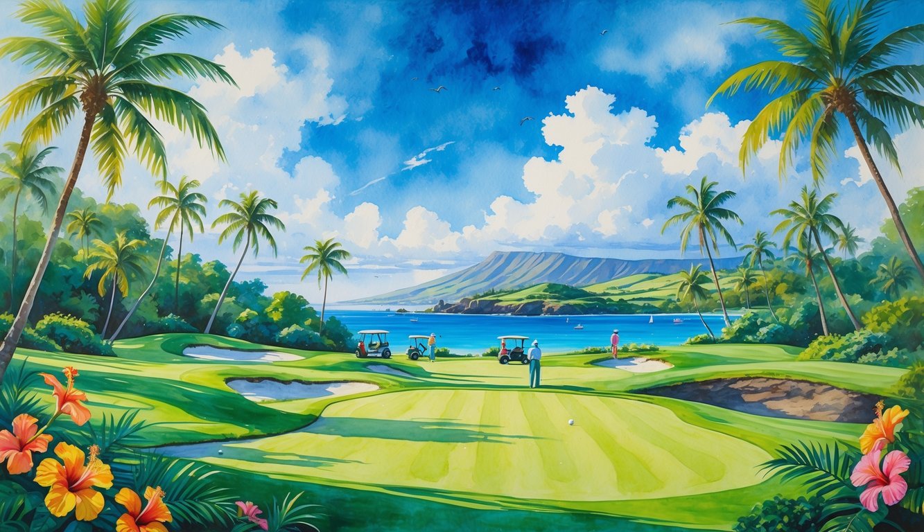 A golf course on Maui with green fairways, palm trees, tropical flowers, ocean in the background, and golfers playing.