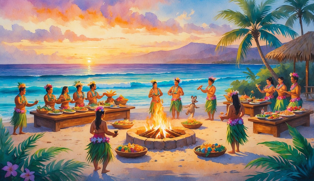 A tropical beach at sunset with people enjoying a Hawaiian luau feast, hula dancers performing, palm trees, and tiki torches near the ocean.