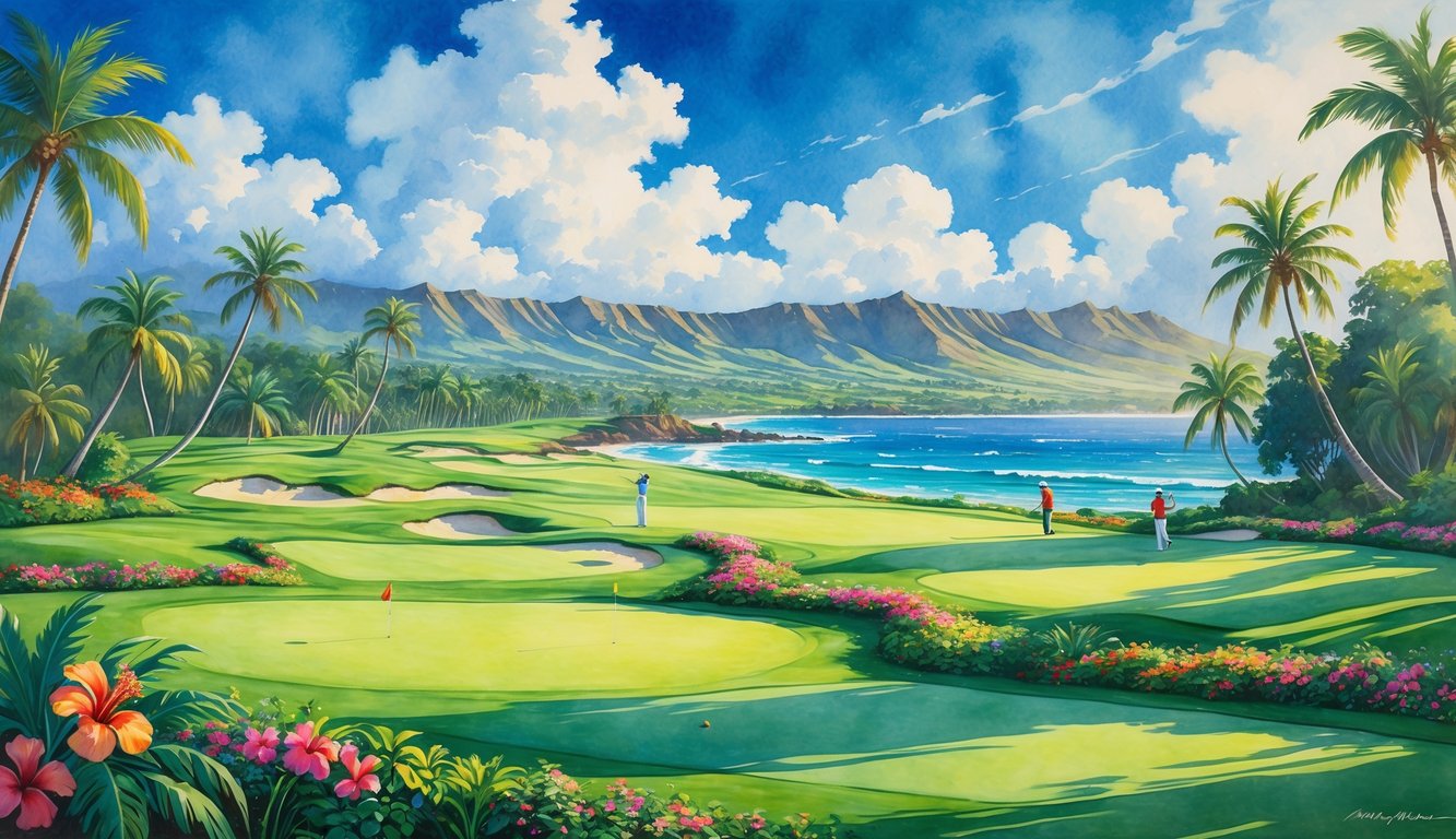 A golf course on Maui with green fairways, palm trees, colorful flowers, mountains in the background, and the ocean nearby under a bright sky.