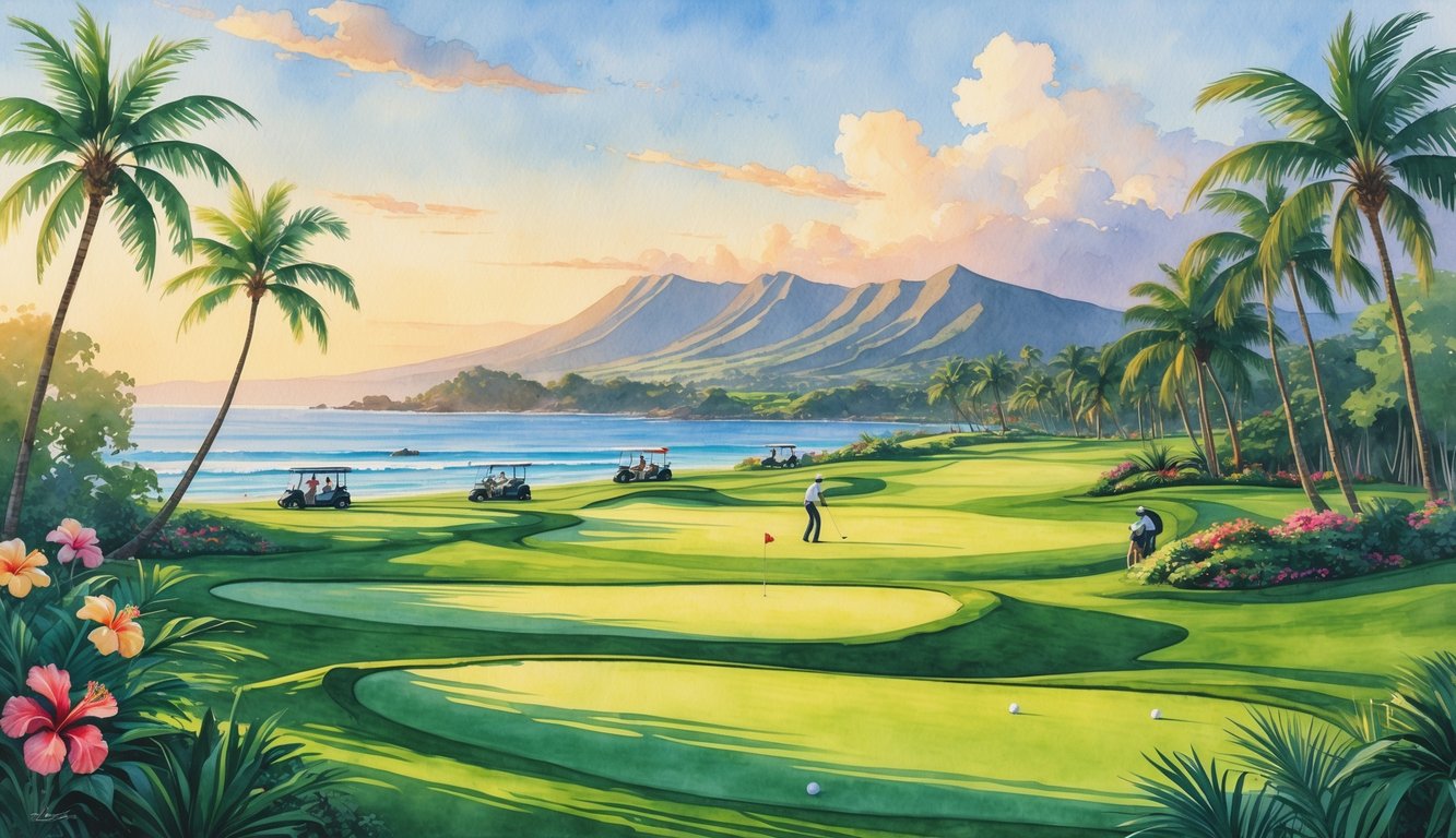 A peaceful golf course in Maui with green fairways, palm trees, tropical flowers, mountains, and the ocean in the background at sunrise.