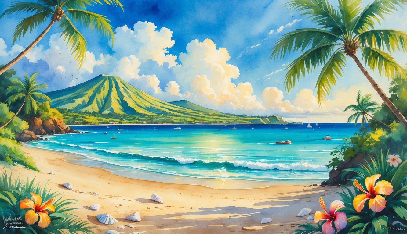 A peaceful coastal scene with a sandy beach, palm trees, turquoise ocean, and a green volcanic mountain in the distance under a bright sky.