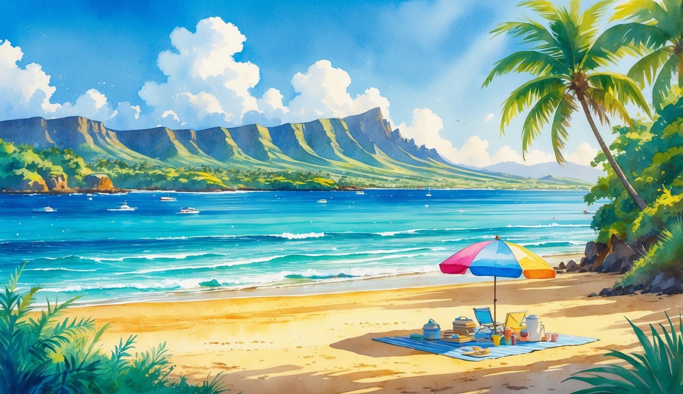 A sunny coastal scene with a sandy beach, palm trees, ocean waves, and mountains in the background, showing a peaceful day by the sea.