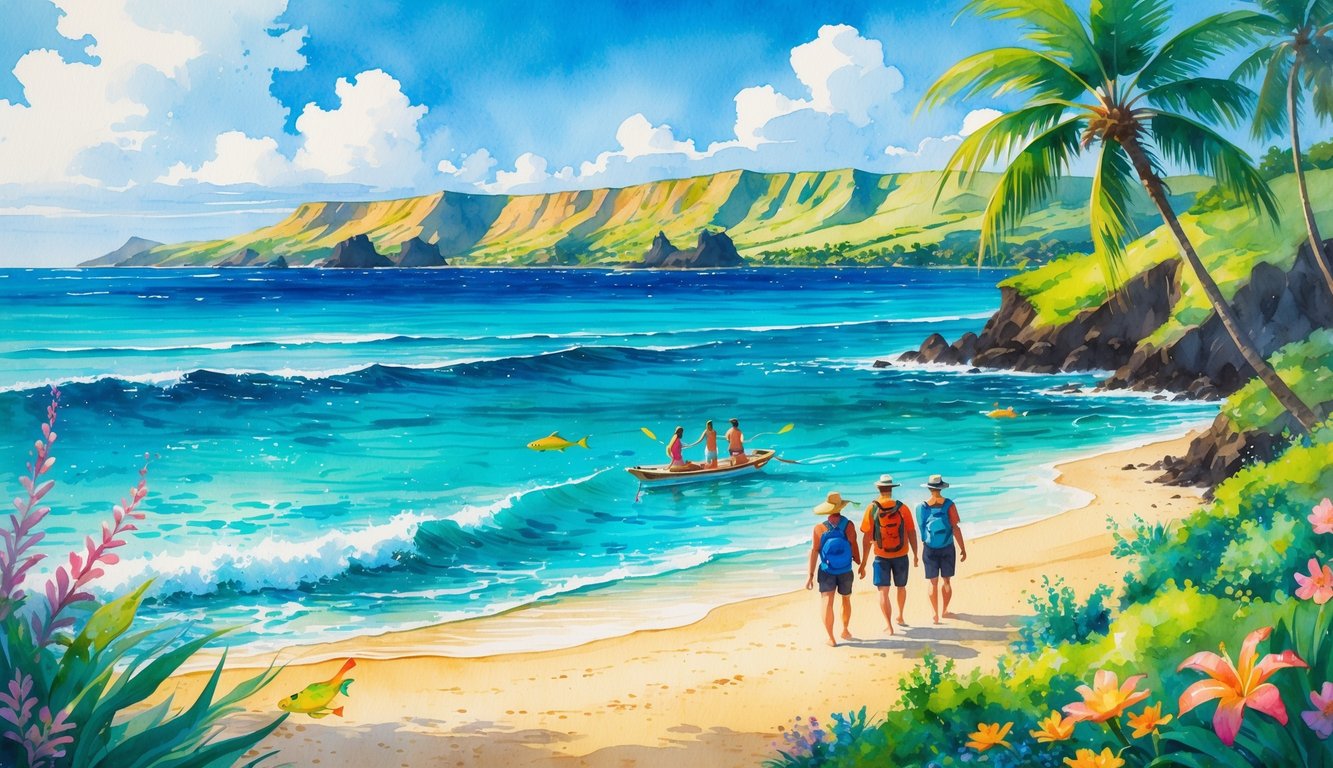 A coastal scene showing people snorkeling, hiking, and boating near palm trees and volcanic cliffs with ocean waves and distant islands.