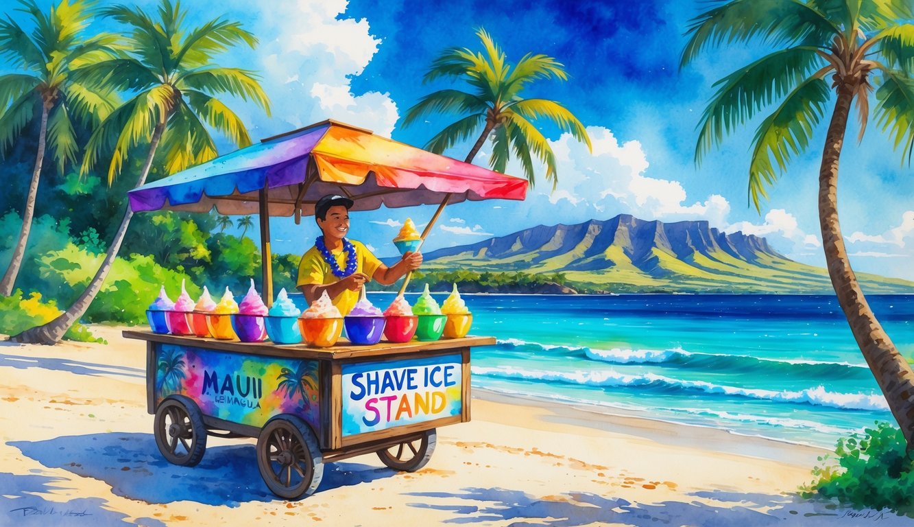 A tropical beach scene with a shave ice stand, a vendor serving a colorful shave ice cone to a customer, palm trees, sandy shore, ocean, and distant mountains.