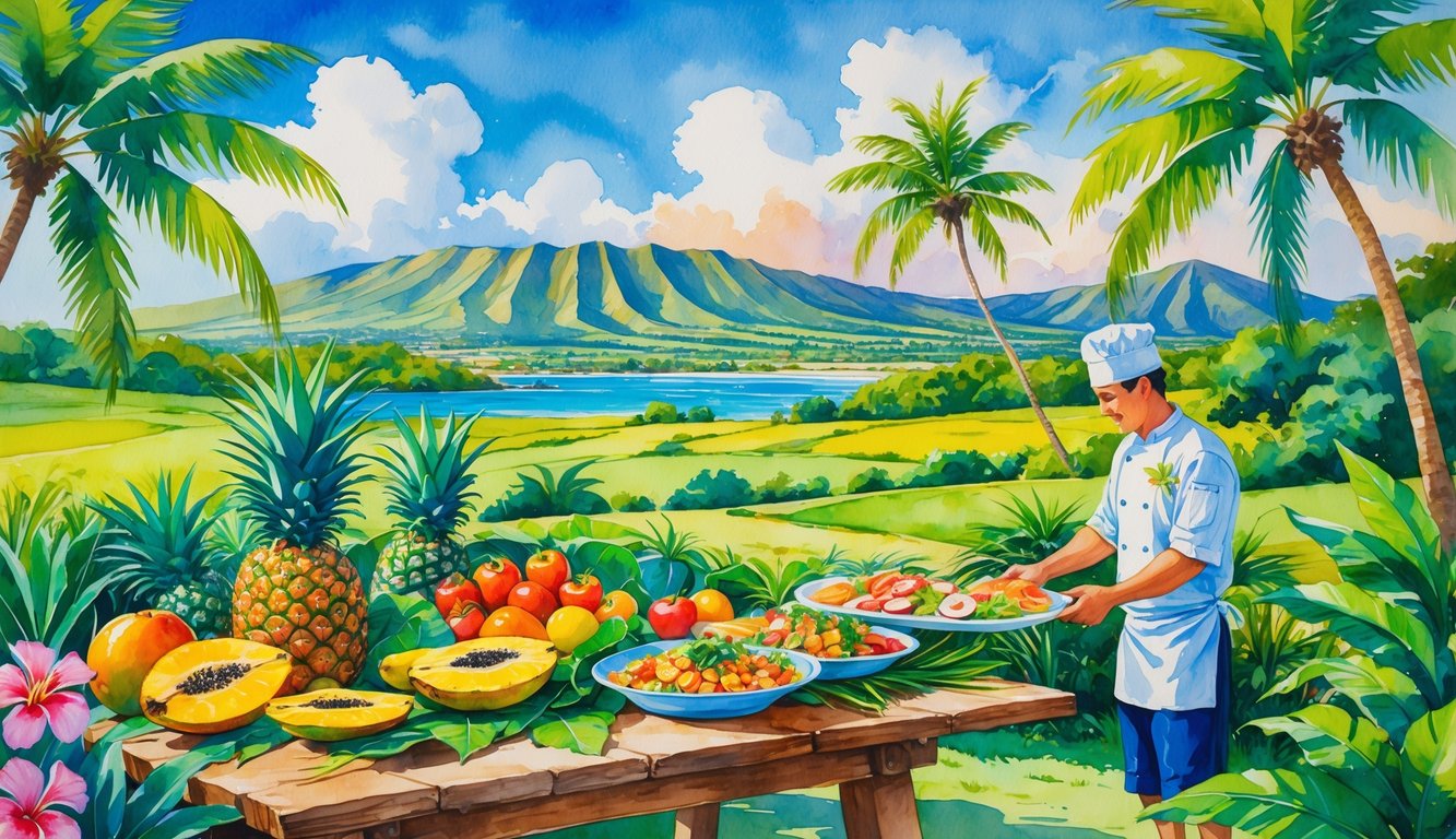 A tropical outdoor scene with a wooden table displaying fresh fruits, vegetables, and seafood, surrounded by lush plants and distant mountains.
