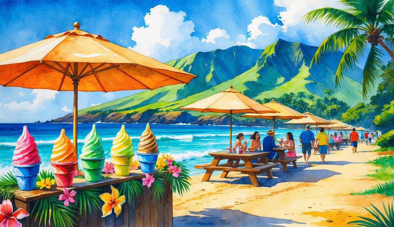 A sunny beach in Maui with colorful shave ice stands, people enjoying shaved ice, palm trees, ocean waves, and green mountains in the background.