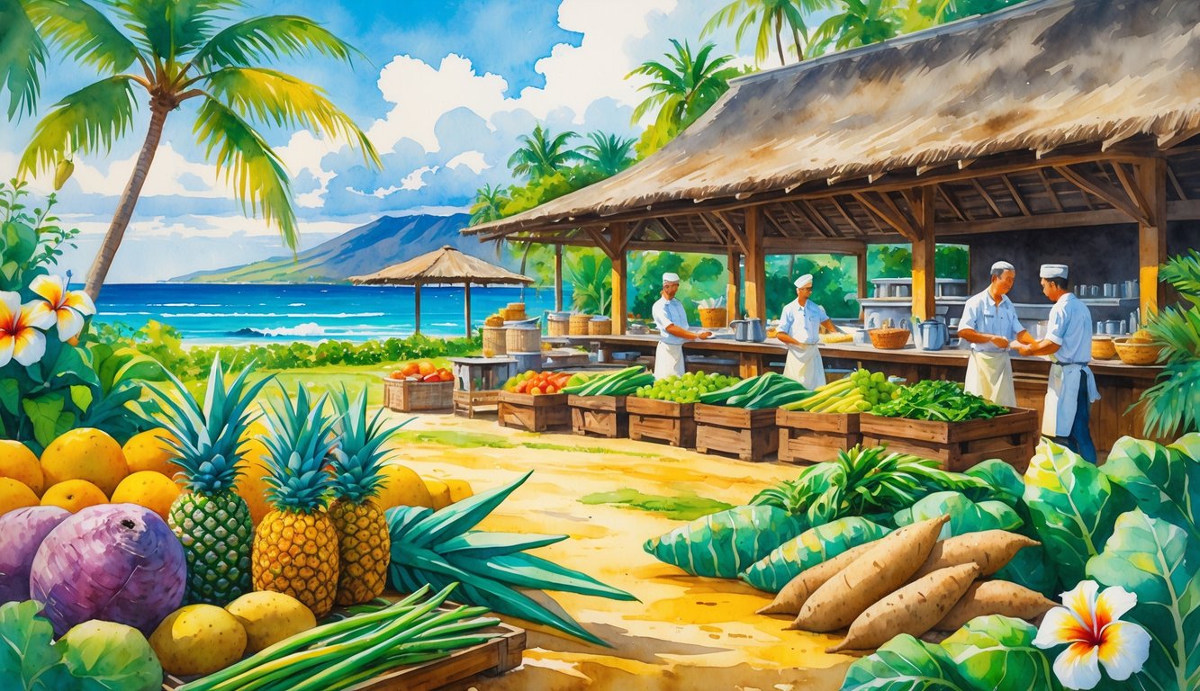 A Hawaiian farm with tropical fruits and vegetables, a rustic open-air restaurant, chefs preparing food, surrounded by flowers and island landscape.