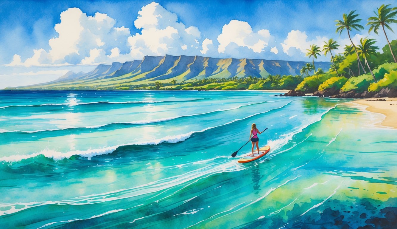 A paddleboarder on calm turquoise water near a tropical shoreline with palm trees and mountains in the background.