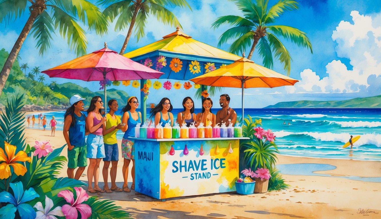 People enjoying colorful shave ice at a tropical stand near a sunny beach with palm trees and ocean waves.