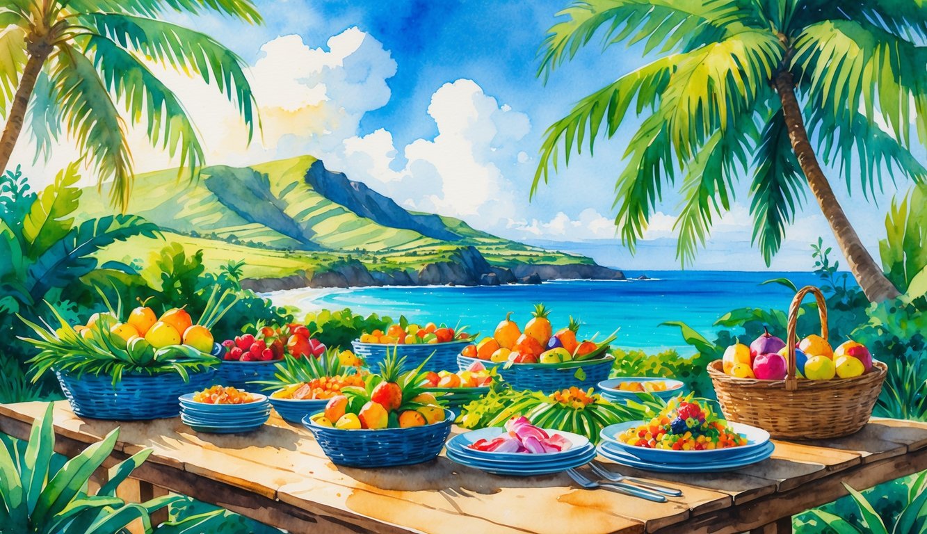 A farm setting in Maui with tropical plants, baskets of fresh fruits and vegetables, and a table displaying a variety of fresh local dishes near the ocean.