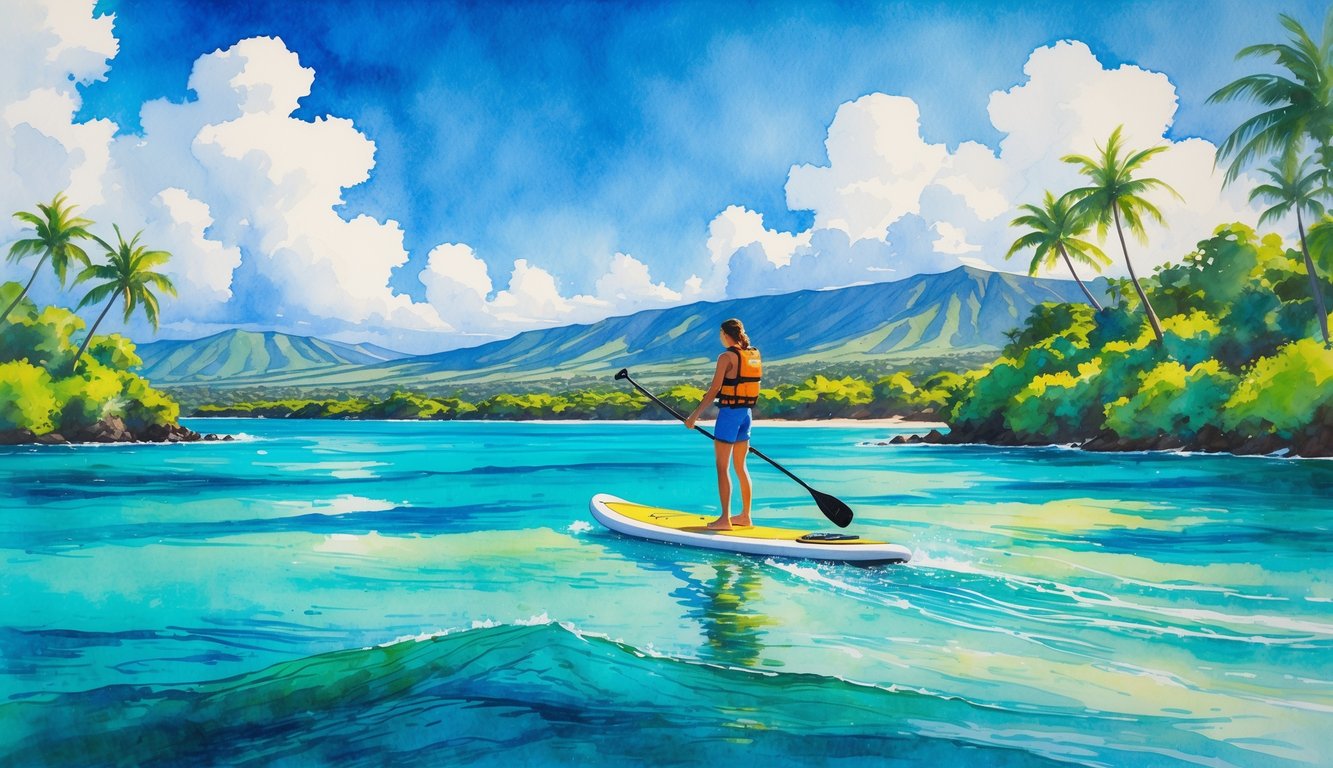 A person paddleboarding on clear blue water near a tropical shoreline with palm trees and mountains in the background.