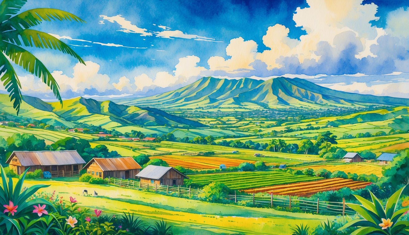 A scenic view of green hills with farms, plants, and mountains in the distance under a partly cloudy sky.